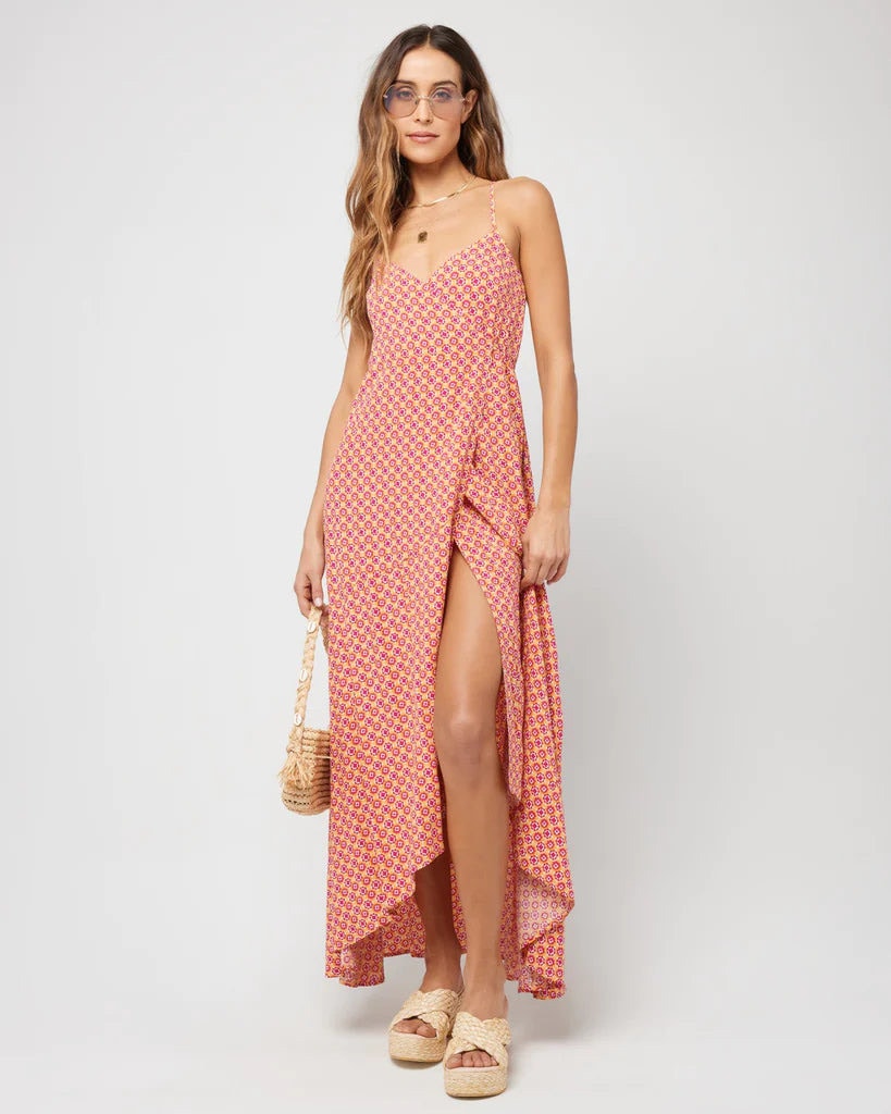 L*Space Junie Summatime Check Floral High Low Wrap Maxi Dress Size Small